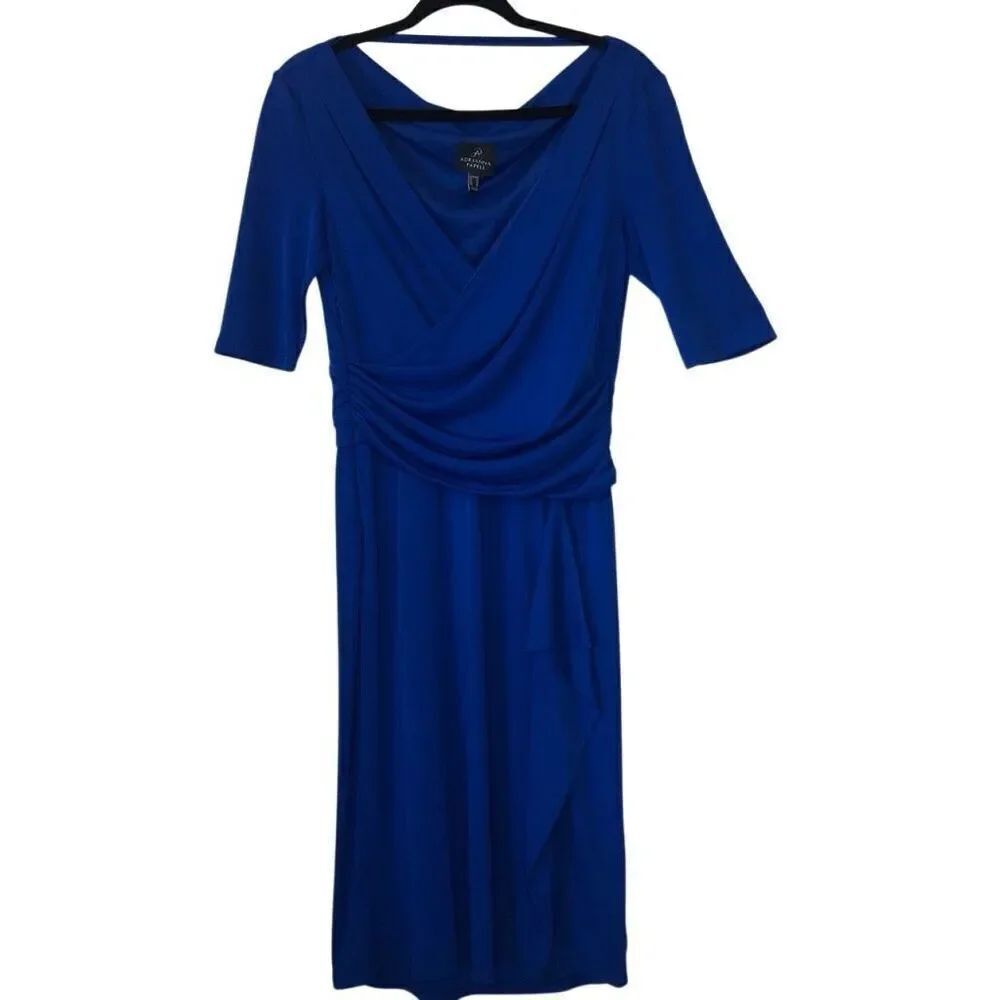Adrianna Papell Royal Blue Draped, Ruched, Faux Wrap Sheath Dress Size 10